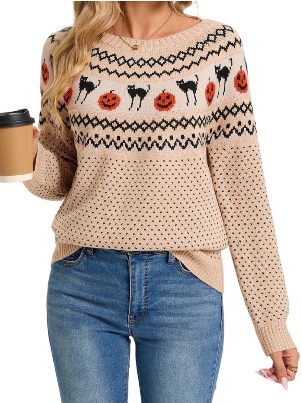 Beige Halloween Fair Isle Sweater with Pumpkin and Cat Motif